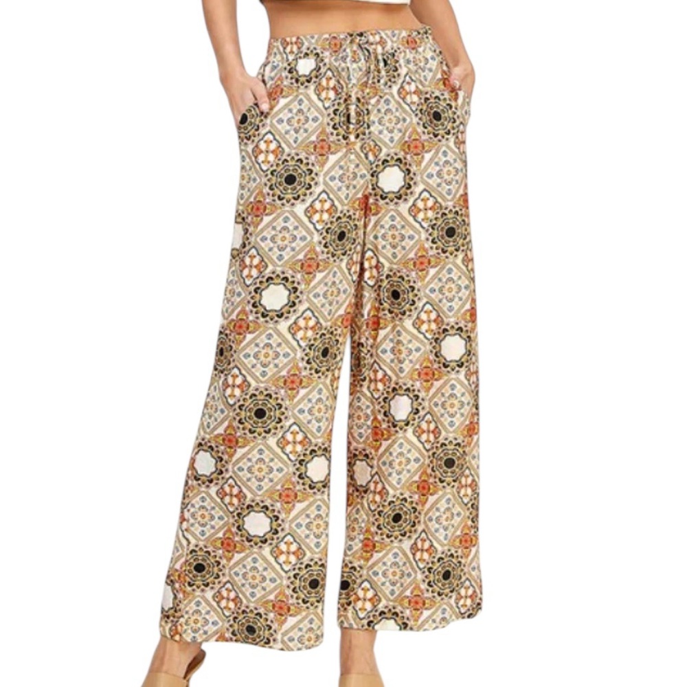 Ellison "Kaleidoscope"  Patterned Wide-Leg Elastic Waist Pants M